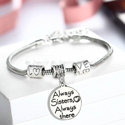 12PC/Lot Always Sister Always There Heart Charms Sis Sisters Bracelet Women Family Friend Gifts Charm Chain Friendship Jewelry