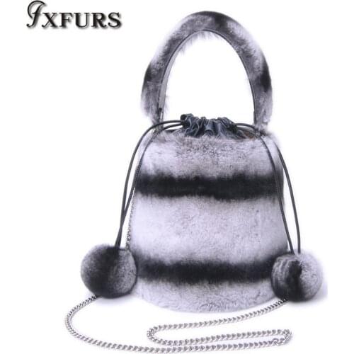 2020 New Style Real Rex Rabbit Fur Handbags Ball Chain Bucket Bag Hand b/l Shoulder Slant Shoulder Female Bag Tide Winter Warm