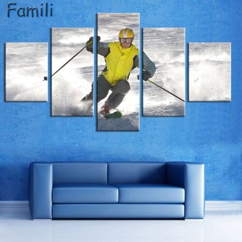 5pcs Skiing Skier Framed wall art picture Artistic Printed Drawing on Canvas Printed Home Decor Spray Oil Painting Decoration