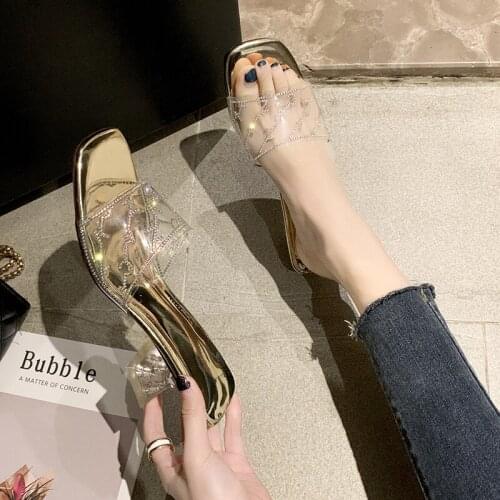 Sandals women wear summer 2020 new wild transparent open-toed rhinestones dragged with square head net red slippers