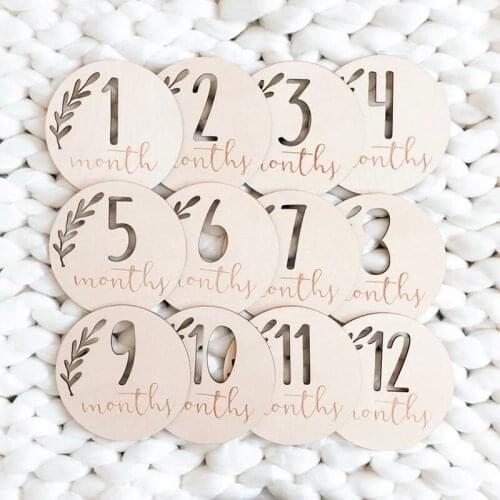 Baby monthly milestone discs, wooden baby Markers, engraved wood monthly mileage stone plaques 12 piece set