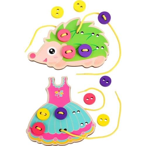 Children Educational Wooden Toys Wear Button Threading Board Beaded Blocks Wood Montessori Cognition Kids Toys