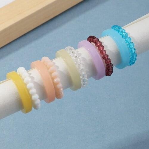 Vintage Colorful Round Resin Ring Minimalist Glass Crystal Beads Rings for Women Party Jewelry Fashion Geometric Rings Set Girl