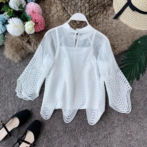 Korean Hollow-out Lace Shirt Half Flare Sleeve Women Blouse 2020 Wave O-neck Tops New Korean Spring Autumn Femme Blusas PZ2165