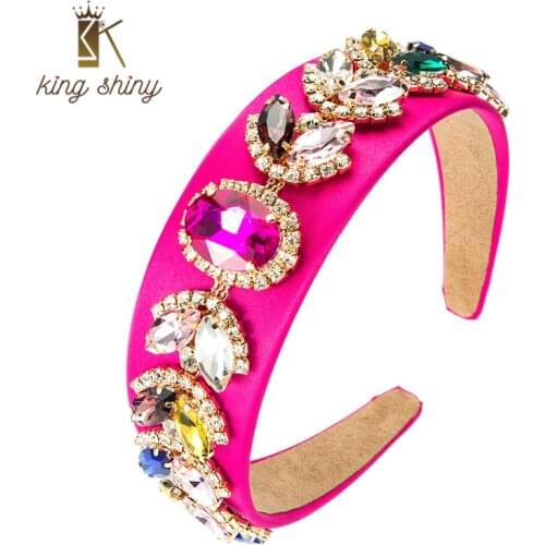 King Shiny Elegant Multi Color Crystal Flower Headband Vintage Sparkly Rhinestone Beaded Solid Color Fabric Hairband Girls Bezel