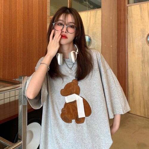 Summer college style embroidery bear half-sleeved mid-length loose cotton T-shirt all-match casual women