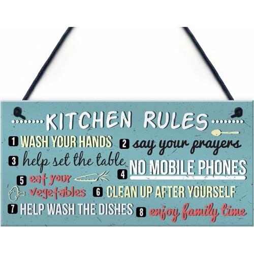 Meijiafei Funny Rustic Kitchen House Rules Home Decorative Hanging Frienship Sign Wall Sign 10"x5"