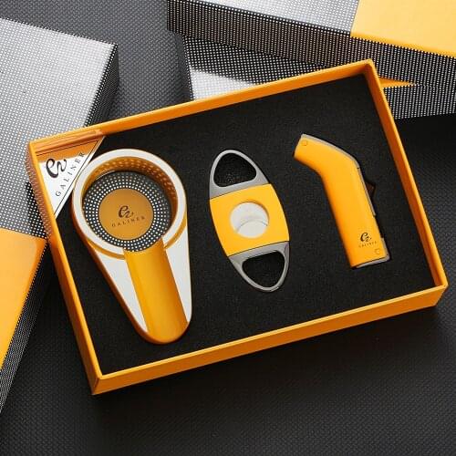 GALINER Metal Ashtray Cigar Lighter Cutter Set Indoor Ashtrays Portable Gas Torch Lighters Steel Blade Sharp Cigar Cutter