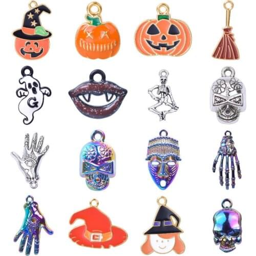 10Pcs/Lot Metal Halloween Broom Ghost Evil Pumpkin Charms Diy Skull Witch Hat Pendant Bracelet Necklaces DIY Jewelry Making