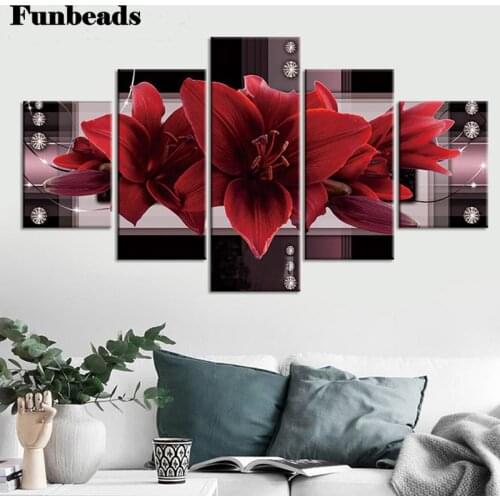 Multi panel Red lily 5 piece diy diamond painting rhinestone full square/round drill diamond embroidery Flowers wall decorFF4300