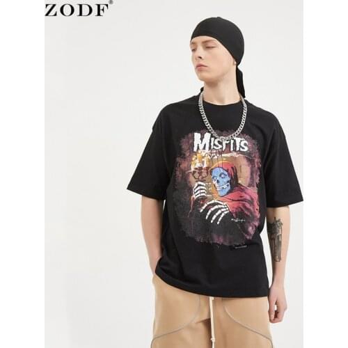ZODF 2021 New Men Soft Cotton T Shirts High Street Skull Print Short Sleeve Loose Hip Hop T-Shirt Brand Tees HY0032