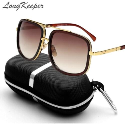 LongKeeper Fashion Square Men Sunglasses Brand Designer Gold Metal Frame Gafas Gradient Lens Sun Glasses For Men With Case