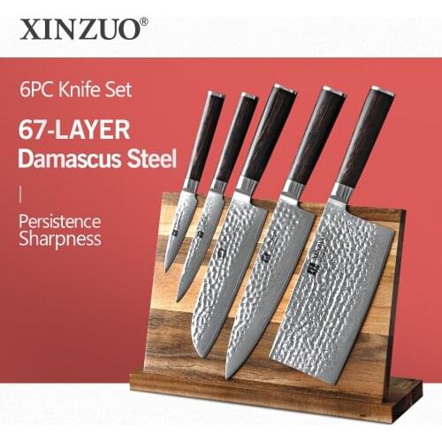 XINZUO 6PCS Chef Knife Set Damascus Stainless Steel Knives Sets Magnetic Knife Holder Hot Sale Kitchen Tool Cutter Meat Knivesn