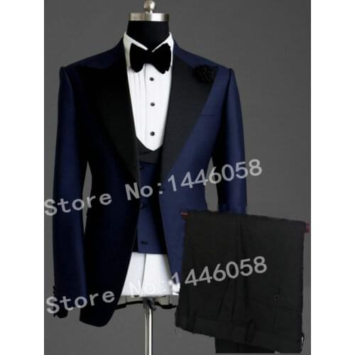 2019 New Arrival Groomsmen Peaked Lapel Groom Tuxedos Navy Blue Men Suits For Wedding Best Man Blazer (Jacket+Pants+Tie+Vest)