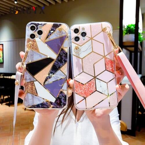 Luxury diamond marble Bronzing Soft silicon Phone Case For apple iPhone 7 8 Plus X XS XR MAX 11 Pro 12 MiNi Silk lanyard cover