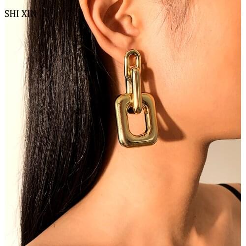 SHIXIN Hiphop 3 Layered Square Link Chain Drop Earrings for Women Big Acrylic Earrings Handing Exaggerated Drop Earrings Jewelry