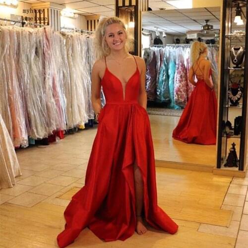 2020 A-line Evening Dresses Long CrissCross Back Floor Length Backless Red Prom Dress Short Front Long Back Formal Evening Dress