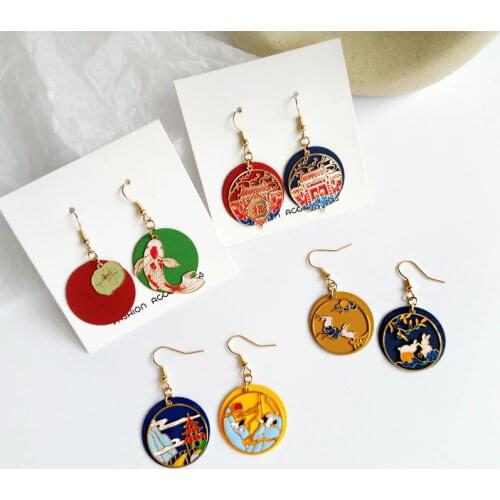 Japanese Lucky Koi Fish Clip On Earrings Chinese Style painting Rabbit Round Geometry Clip earrings Without Piercing for women