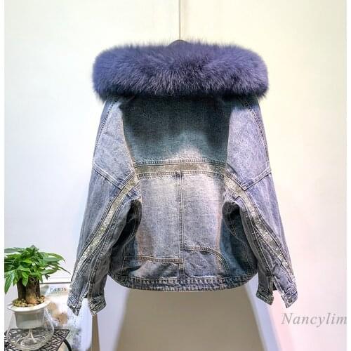 Natural Fur Collar Jeans Coat Womens Brushed and Thick Warm Rabbit Fur Liner Denim Jacket Winter All-match Female Overcoat