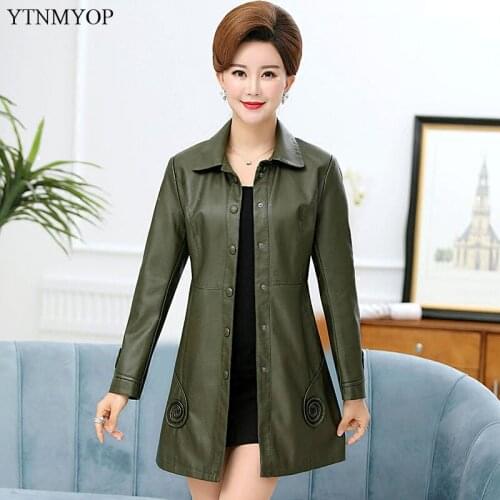 YTNMYOP Autumn Outerwear Women Leather Jackets Plus Sizes 5XL Army Green Pockets Faux Leather Trench Ladies Slim Fashion Coats