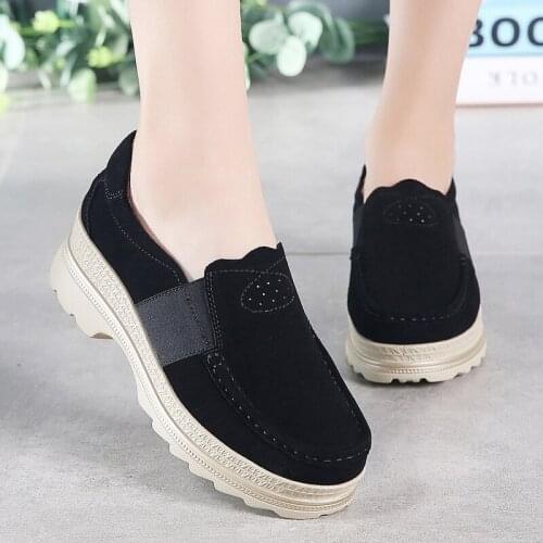 Womens Shoes Flat Platform 5CM Cow Suede Female Loafers Fashion Sneakers Soft Walking Shoes For Women Moccasins Big Size 42