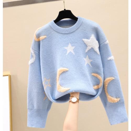 New Spring Autumn Lazy Oaf Loose Pullover Sweaters Womens O-neck Outerwear Knitted Jumper Star Moon Print Sweet Crop Sweater