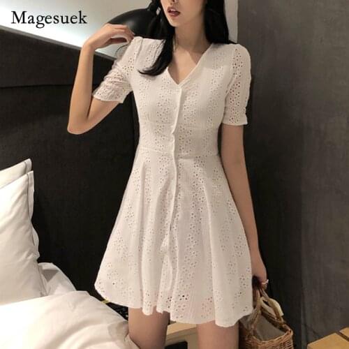 Hollow Out Sweet Summer Dress Temperament Solid Hollow Out White Dress for Women Chic High Waist Slim Party Dress Vestidos 14141