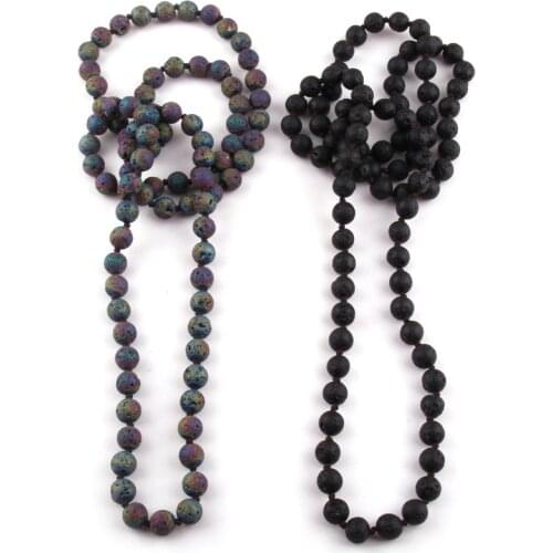 MOODPC Bohemian Jewelry long knotted Natural Black Lava Stone Necklace For Women Statement Necklaces