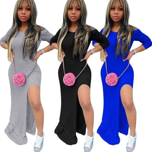 Autumn Women Long Maxi Dress with Sleeve Sexy Slash Neck Party Night Club Elegant Side Cut Out Casual Dresses Vestido De Mujer