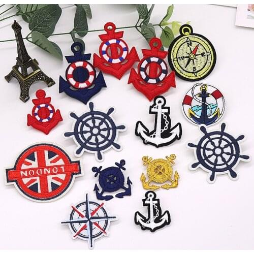 50pcs/lot Sailor Anchor Compass round Embroidery Patch Clothing Decoration Sewing Accessories Diy Iron Heat Transfer Applique