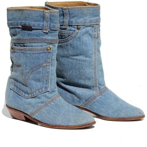 Low Heel Casual Boots Ladies Jeans Leather Fashion New Mid Calf Boots Women Shoes Pointed Toe Cowboy Boots Big Size BeautyFeet