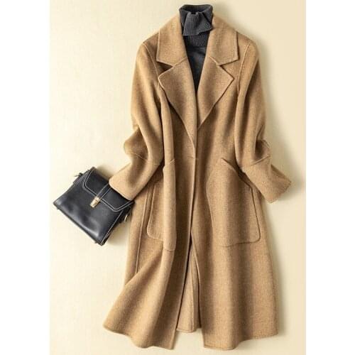 Double-sided 100%wool fabrics women fashion topcoat H-straight wide waisted single button beige 3color EU/S-L