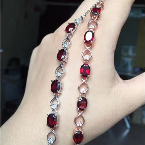 Garnet chain bracelet Free shipping Real natural red garnet 925 sterling silver Luxury bracelets Gem Size 6*8mm 5pcs