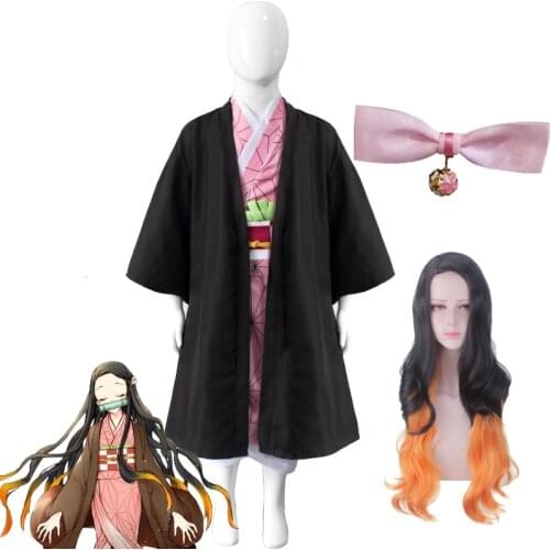Anime Demon Slayer Kamado Nezuko Cosplay Costume Kimono Girls Dress Long Wig Mouthpiece Kimetsu no Yaiba Kids School Uniform Wig