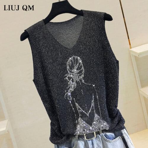 2020 Summer Tank Top Women Thin Bright Silk Knitted Shirt Womens Fashion Girl Rhinestones Sleeveless Vest Outwear Female Tops