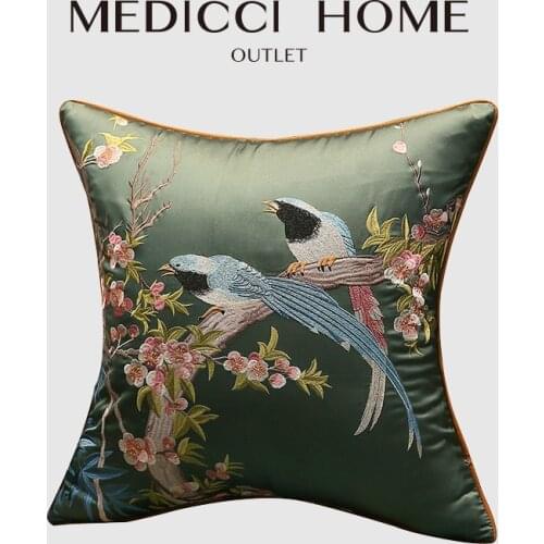 Medicci Home Silk Cushion Cover Cuckoo Bird Embroidery Oriental Luxury Upmarket Brocade Pillow Case For Couch Sofa Bed 18x18Inch
