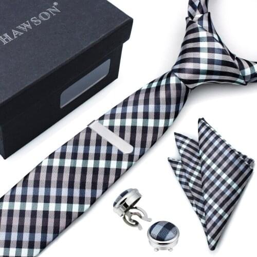 New Arrival HAWSON Colorful Patchwork Necktie Set with Pocket Square Tie Clip Button Cover Cuff Link Men Ties, Cufflinks for Men