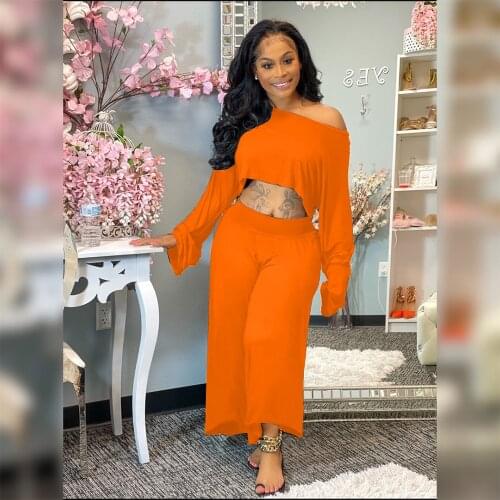 Autumn Two Piece Set Women fashionLoose Off-shoulder Long-sleeved Crop Top Wide-leg Pants Suit Ladies Casual Two Piece Suit