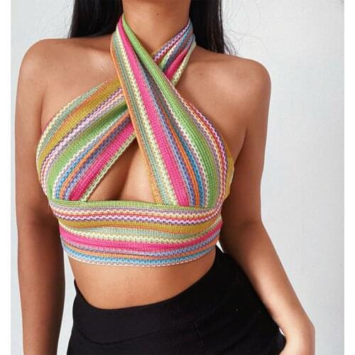 Deep V-neck Striped Sexy Women Tube Tops Cropped Clubwear Summer 2021 Halter Backless Off Shoulder Lace-up Tank Vest