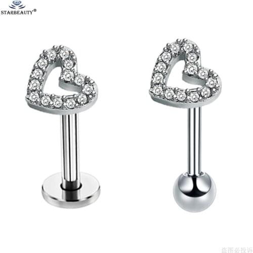 Starbeauty 1pc 18G Cute Crystal Heart Cartilage Tragus Nose Piercing Labret Lip Stud Earring Ear Piercing Helix Daith Earrings