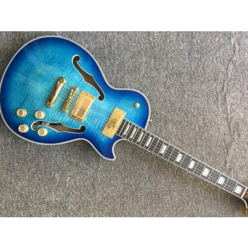 High Quality F Hole Electric Guitar with flamed Maple Top jazz guitar blue colour Free Shipping