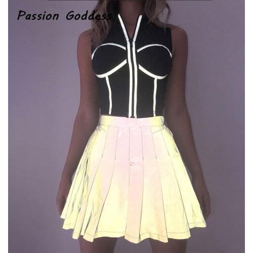 Fashion Women Pleated Reflective Skirts Dance High Waist Girls Pleated Skirt Cosplay Kawaii A Line Luminous Skirts Feminino 2019