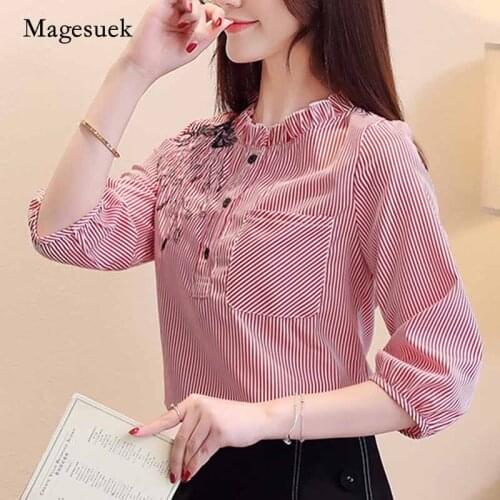 2020 Embroidered Women Blouses Striped Casual Shirts 3/4 Sleeves Chiffon Shirts Pocket Button Womens Clothing Blusas Mujer 8148