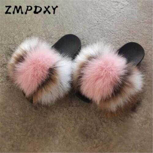 Womens Real Fox Fur Slides Kids/Childrens Raccoon Fur Slides Ladies Open Toe Sandals Furry Flip Flops Female Fluffy Plush Shoes