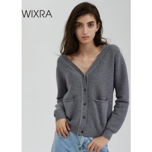 Wixra Female Long Sleeve Cardigan Sweater Coat Women Casual Knitted V Neck Solid Pockets Tops 2019 Autumn Spring
