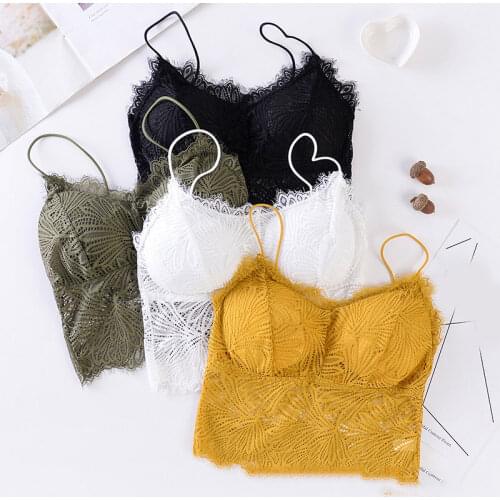 2021 Female Summer Crop Tank Top Women Fashion Deep V Lace Bras Embroidery Floral Tank Top Bra Wrapped Chest Camisole Padded Bra