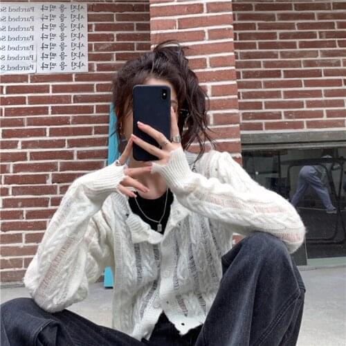 Fashion Hollow Out White Twist Knitting Cardigan Womens Korean Summer Autumn Long Sleeve Sweater Sunscreen Loose Streetwear