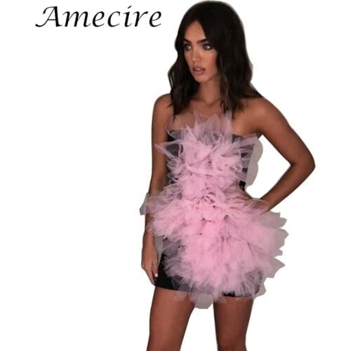 Amecire Lady Lovely Strapless Mini Dress Cute Pink Mesh Structured Embellished Bodycon Dress Chic Birthday Celebrity Party Dress