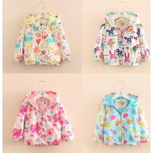 2021 Spring Autumn 2 3 4 6 8 10 Years New Fashion Sweet Cute Cartoon Flower Animal Print Hooded Thin Jacket For Kids Baby Girls