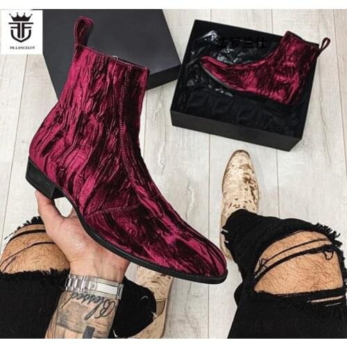 2020 new fashion men booties wine red Chelsea Boots zip up Boots point toe Mens party shoes heel 5cm velvet botas